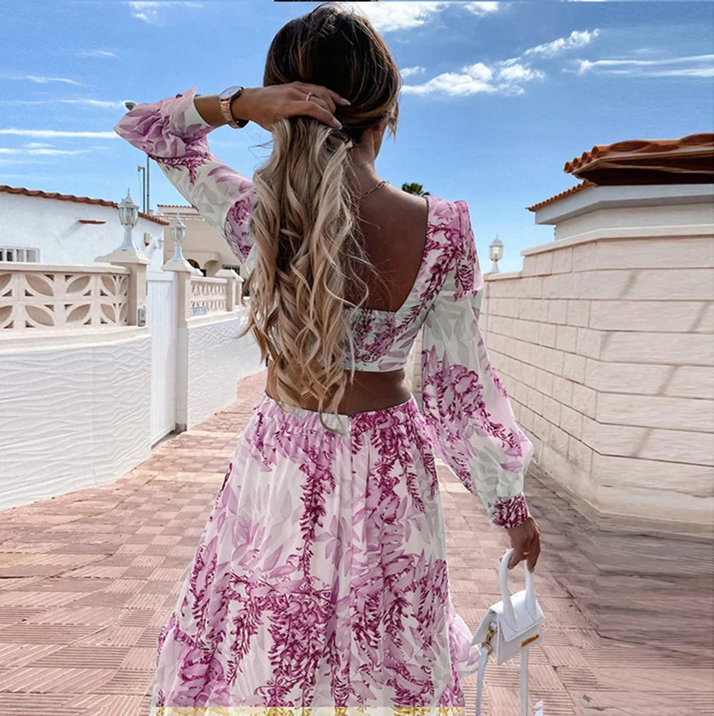 Spring New Long Dress Fashion Print Sexy Deep V-neck Long Sleeved Dress Women's Elegant Hollow Out Ruffle Spliced Maxi Dress