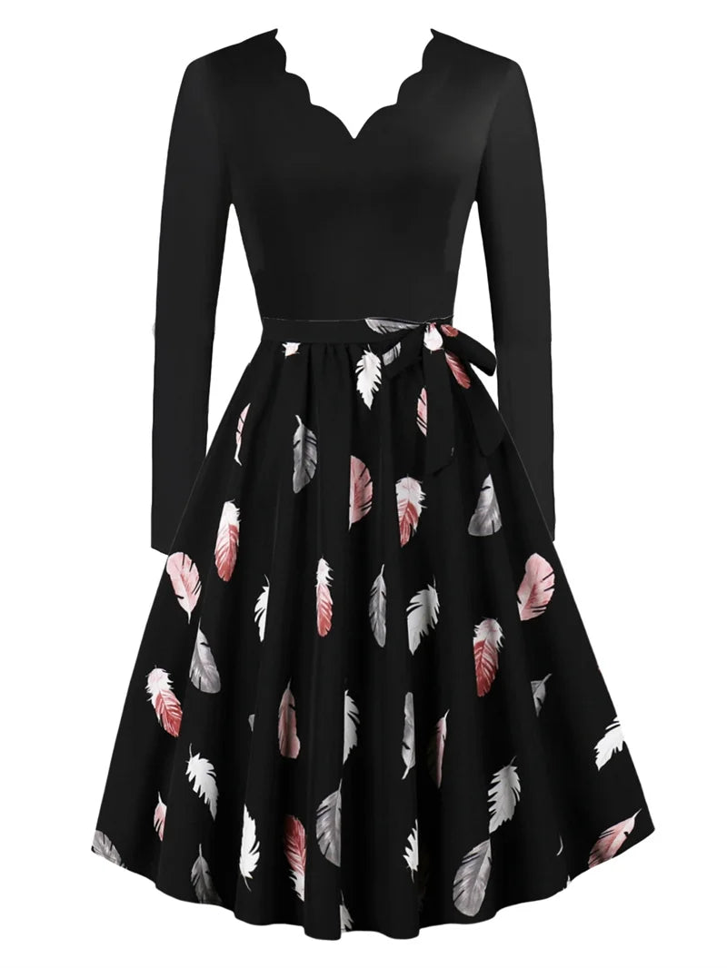 Sexy lace V-neck long sleeved pullover with slim fit floral print casual party A-line dress with belt included