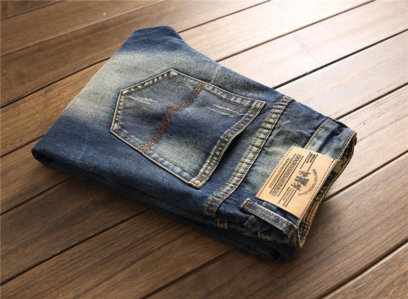 Denim Jeans Straight Scratches Fashion Men's Pants Luxury Vintag Hole Ruined Long Broken Fashion Regular Fit Large Size