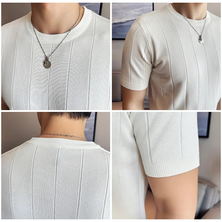 2024 New High Quality, Business Casual Men's Short-Sleeved O-neck Sweater, Daily Slim Fit T-shirt, Stretchable Striped Top M-3XL