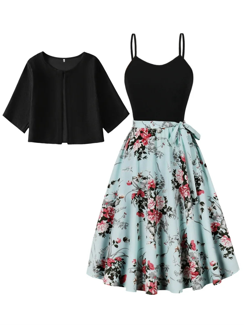 New Chinese style dress set for women's fashion, mid to long style, with a slimming and printed skirt