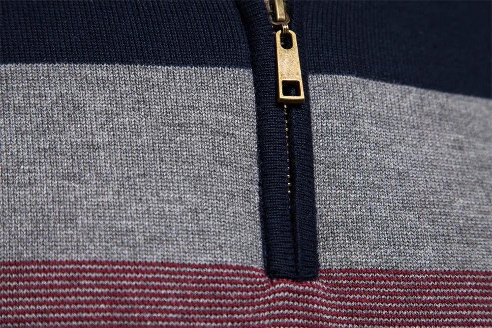 Autumn Winter Men's Sweater Half High Collar Color Matching Stripe Pullover High-quality Male Business Casual Knitwear Sweaters