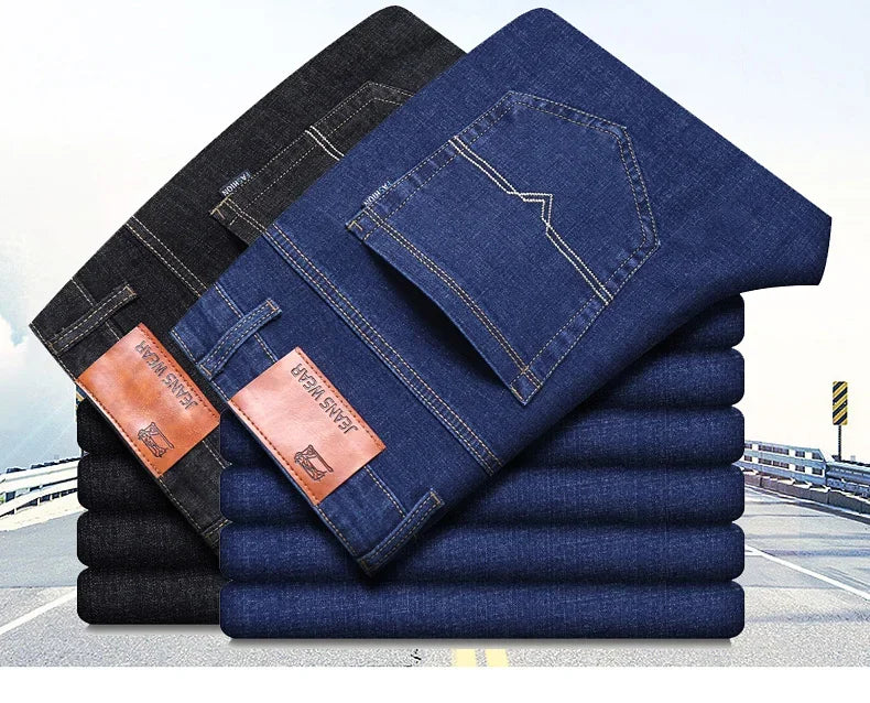 2024 NEW Classic Style Casual Stretch Slim Jean Pants Male Brand Denim Trousers Black Blue Men's Fashion Business Jeans