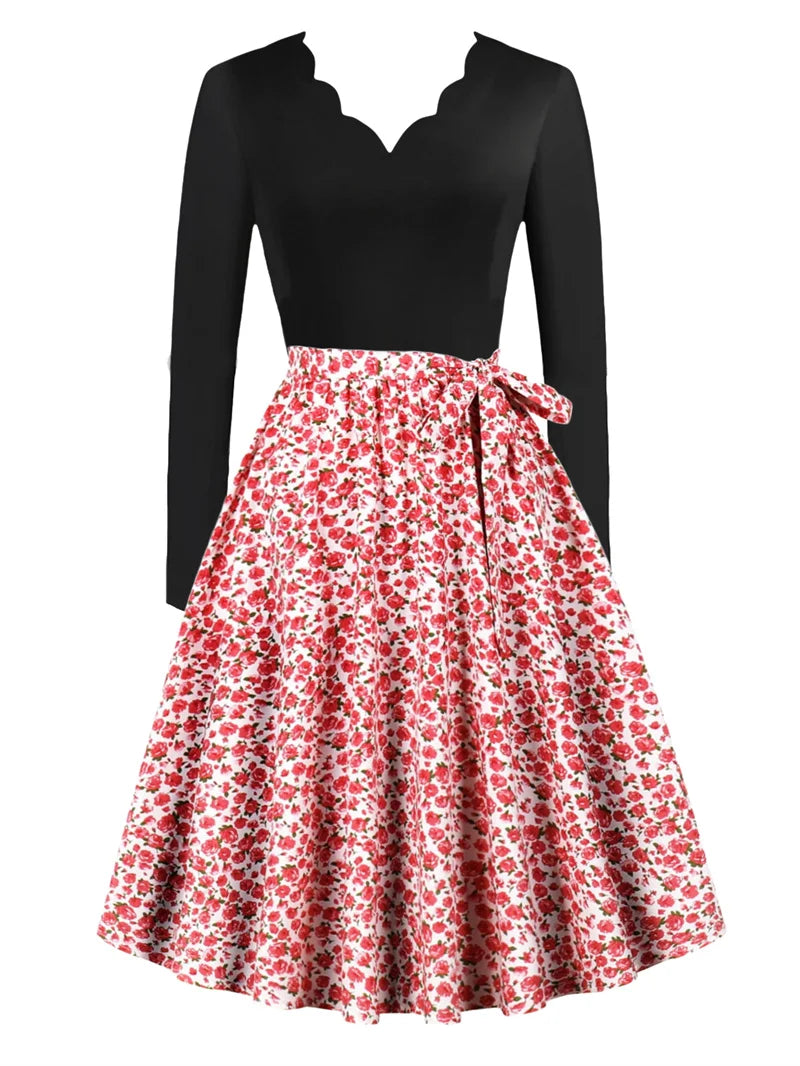 Sexy lace V-neck long sleeved pullover with slim fit floral print casual party A-line dress with belt included