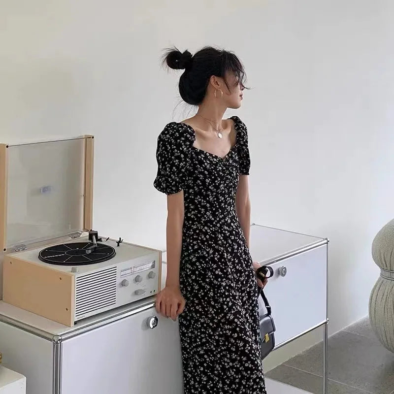 French Style Square Collar Floral Print Dress Women Puff Sleeve High Waiste A-line Ladies Sweet Daily Dating Long Vestidos