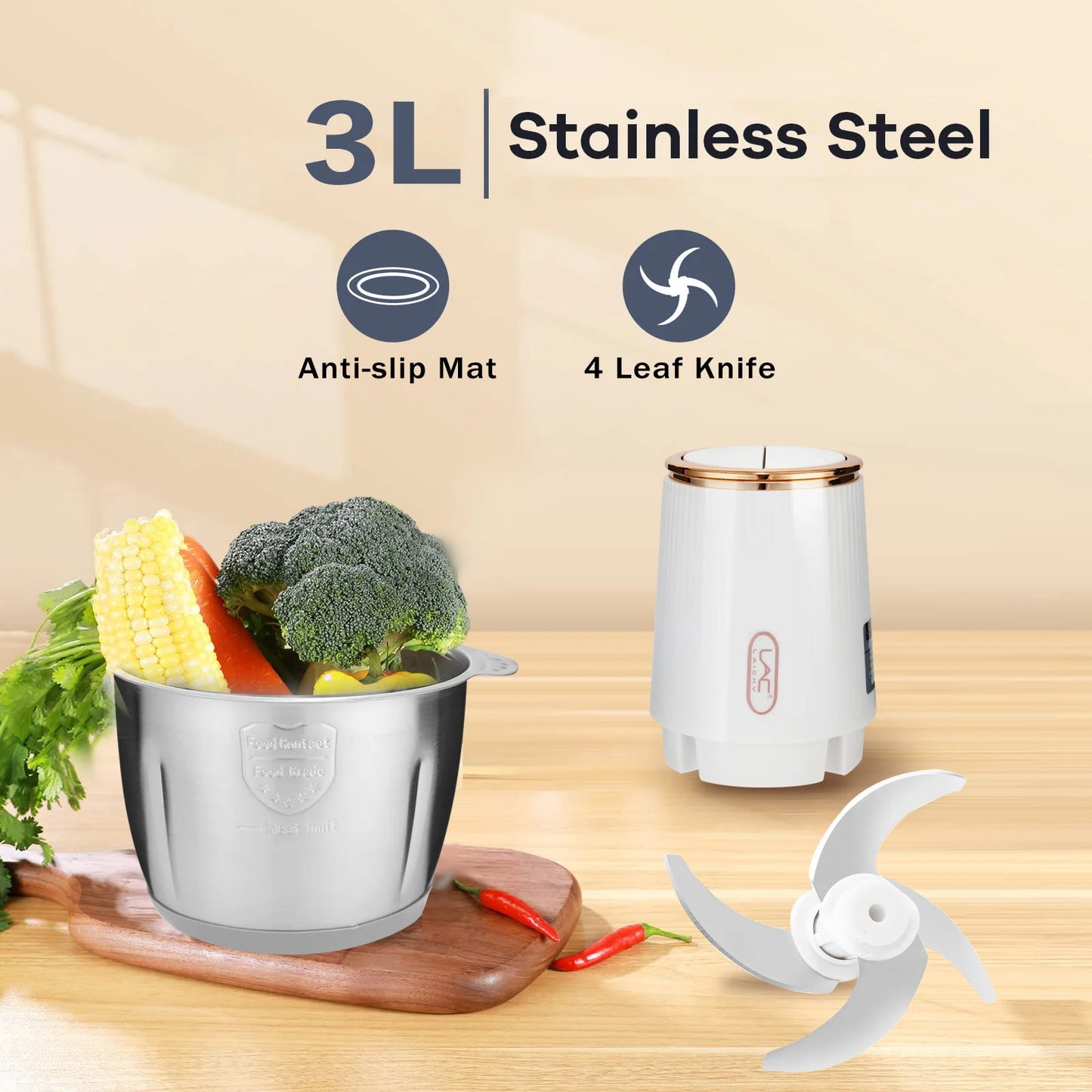 LAC Household Kitchen White 3L Mixer Commercial Electric Meat Beater Multi-function Grinder Detachable Blade With Safety Lock