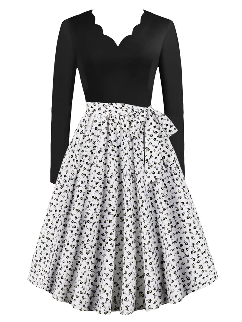 Sexy lace V-neck long sleeved pullover with slim fit floral print casual party A-line dress with belt included