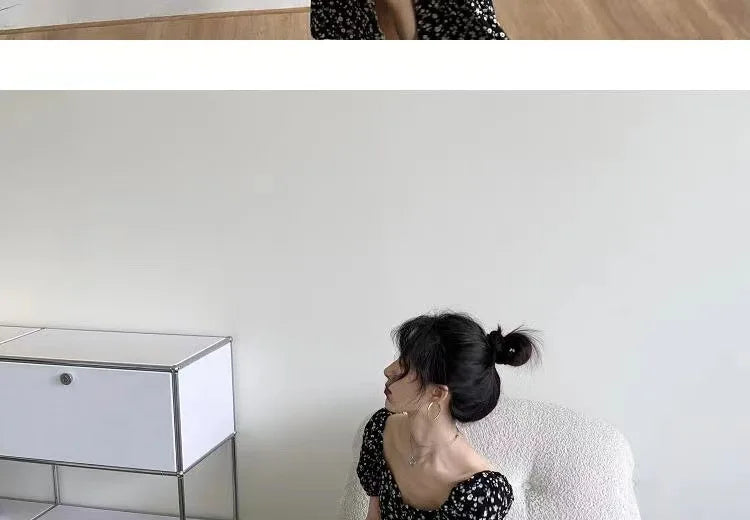 French Style Square Collar Floral Print Dress Women Puff Sleeve High Waiste A-line Ladies Sweet Daily Dating Long Vestidos