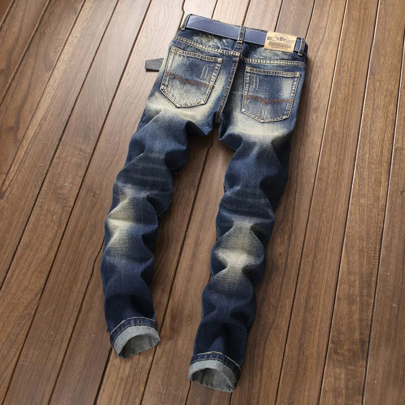 Denim Jeans Straight Scratches Fashion Men's Pants Luxury Vintag Hole Ruined Long Broken Fashion Regular Fit Large Size