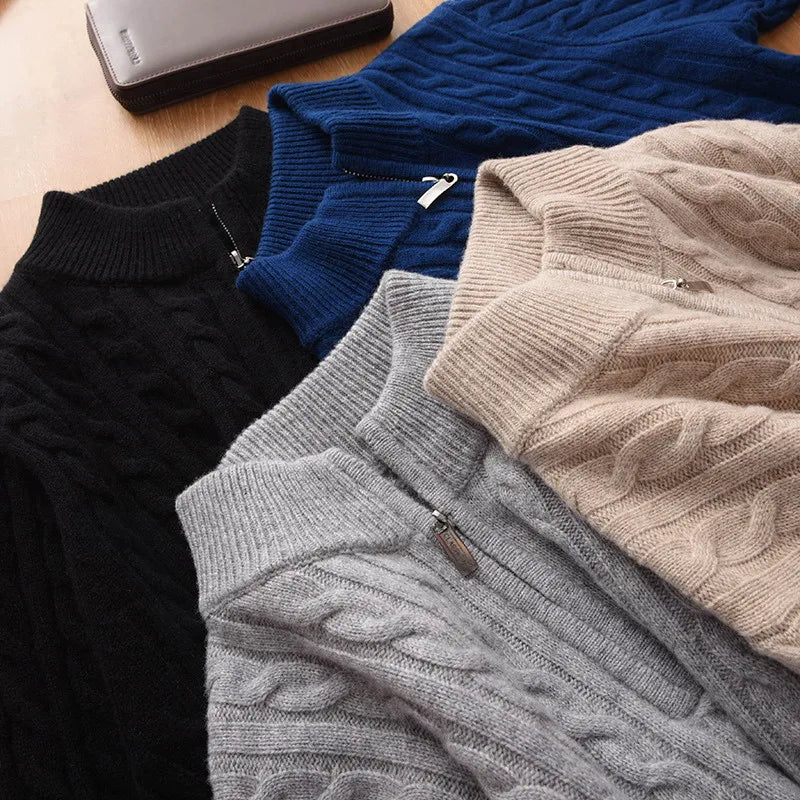 Men's Cashmere Blend Large Size Sweaters Autumn Winter Half High Neck Zipper Casual Knit Pullovers Men Long Sleeve Warm Jumper
