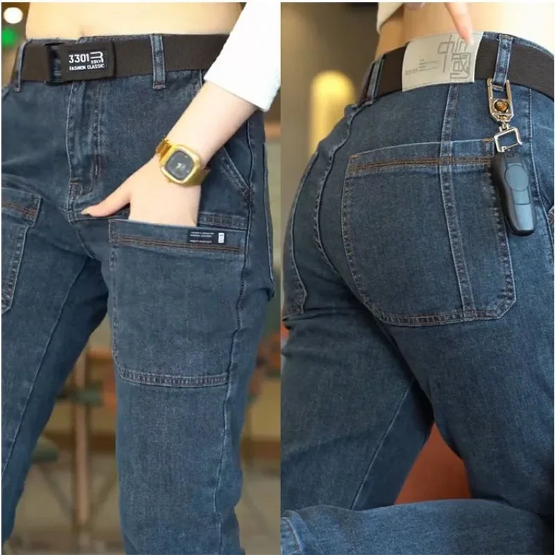Korea Fashion Men Jeans Cargo Denim Pants Casual Blue Gray Pocket Denim Pants Straight Jean Womens Streetwear