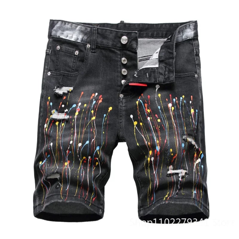 Men Black Denim Shorts New Summer Male Holes Shorts Jeans High Quality Male Stretch Fit Ripped Denim Jeans Shorts Size 44
