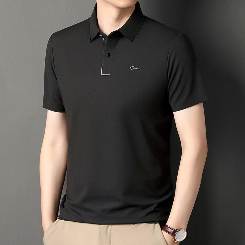 Handsome 2024 Summer Ice Silk Seamless Breathable Polo Shirt Men Short Sleeved Embroidery Casual Lapel T-shirt Men's Clothing