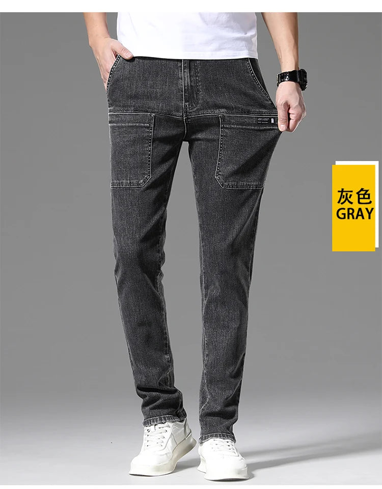 2024 New 6 Pocket Design Men's Denim Jeans Skinny Full Length Pants with High Elasticity Slim Pants Man Fashion Mid-waist Jeans