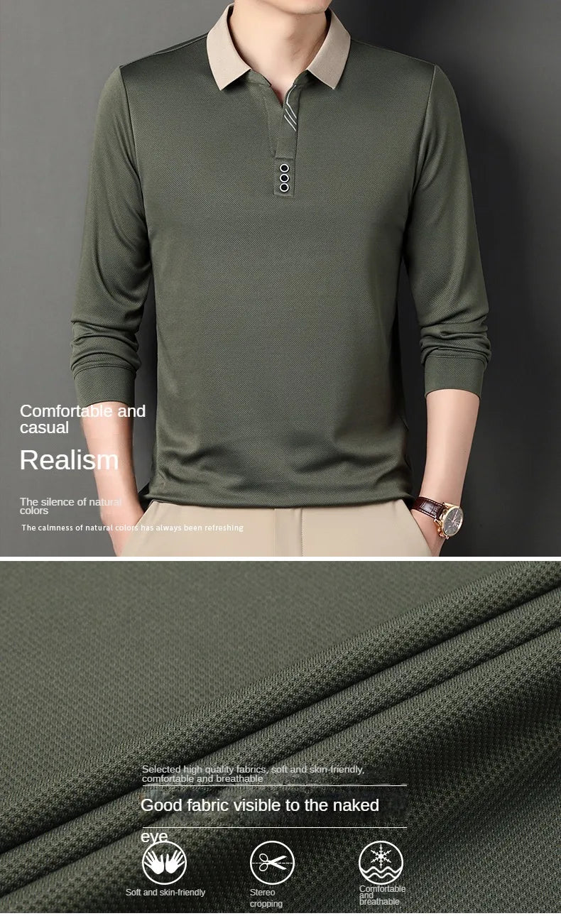 Autumn New Men's Long-sleeved Polo Shirt Business Casual Slim Elastic Top Fashion Classic Solid Color Male Brand Tees
