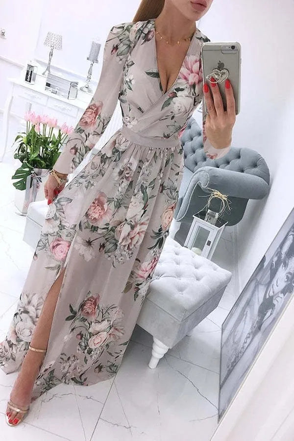 Amazon eBay Cross border 2024 Summer Chiffon Printed Long Dress V-neck Dress Long Sleeve Split Dress Women