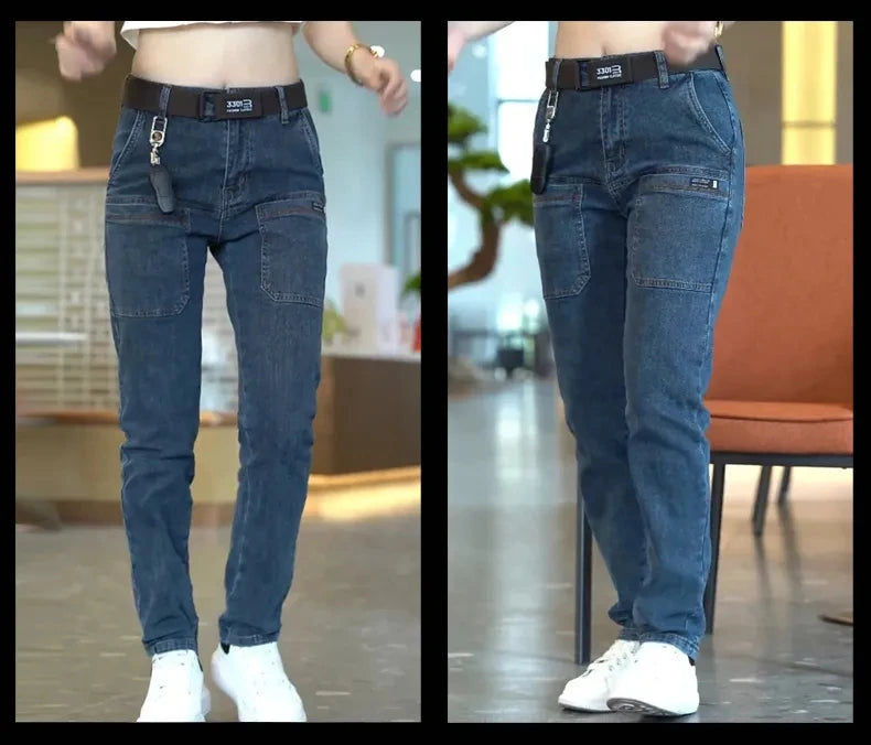 2024 New Brand Mens Casual Multiple Pockets Jeans Mid-Waist Elastic Straight Denim Trousers Versatile Loose Personality Pants