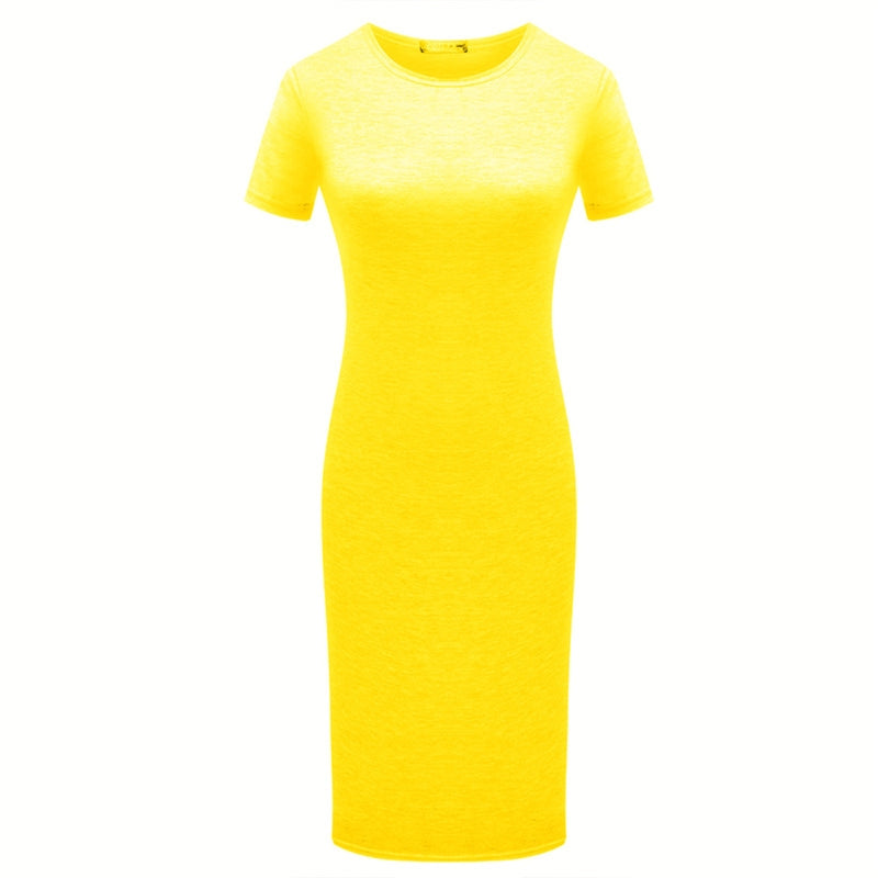 652F Women Summer Short Sleeve Plain Slim Fitted Knee Length Package Hip Long Dress