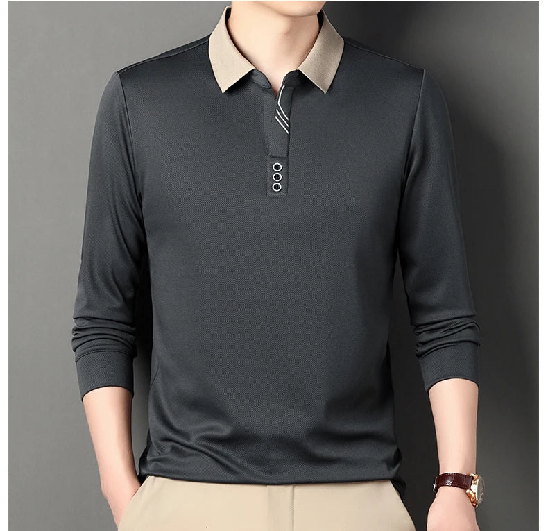 Autumn New Men's Long-sleeved Polo Shirt Business Casual Slim Elastic Top Fashion Classic Solid Color Male Brand Tees