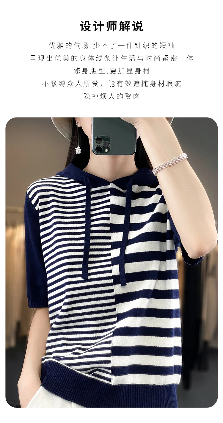 Summer New 100% Cotton Women's T-shirt Short Sleeve Loose Contrast Hooded Collar Pullover Casual Fashion Knitted T-shirt Top