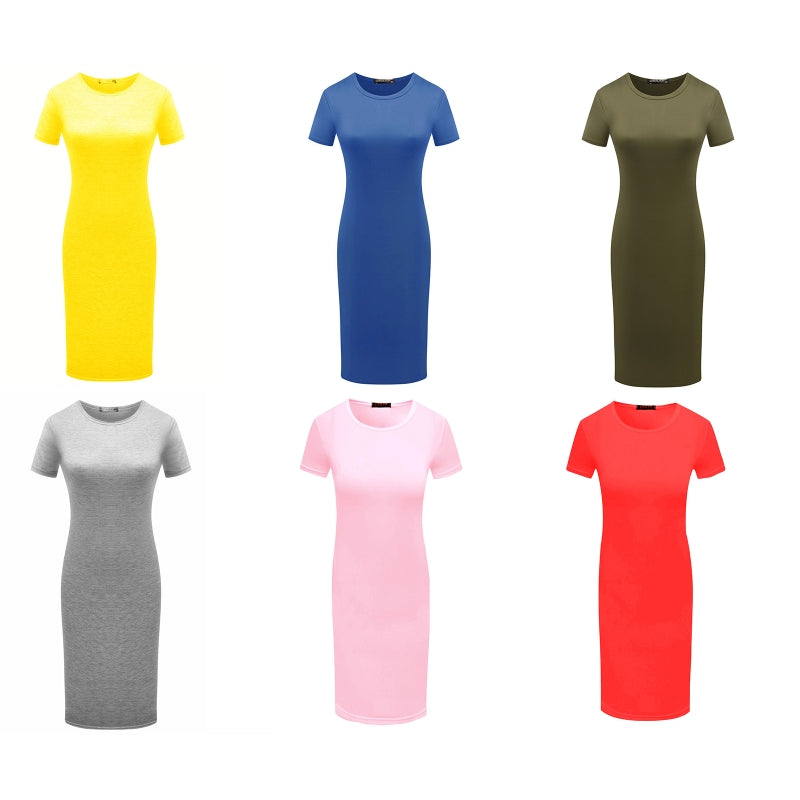 652F Women Summer Short Sleeve Plain Slim Fitted Knee Length Package Hip Long Dress