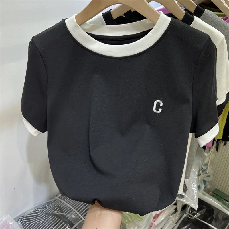 Large size women's cotton short sleeve T-shirt fat MM 2023 summer new color-block letter embroidery simple versatile top