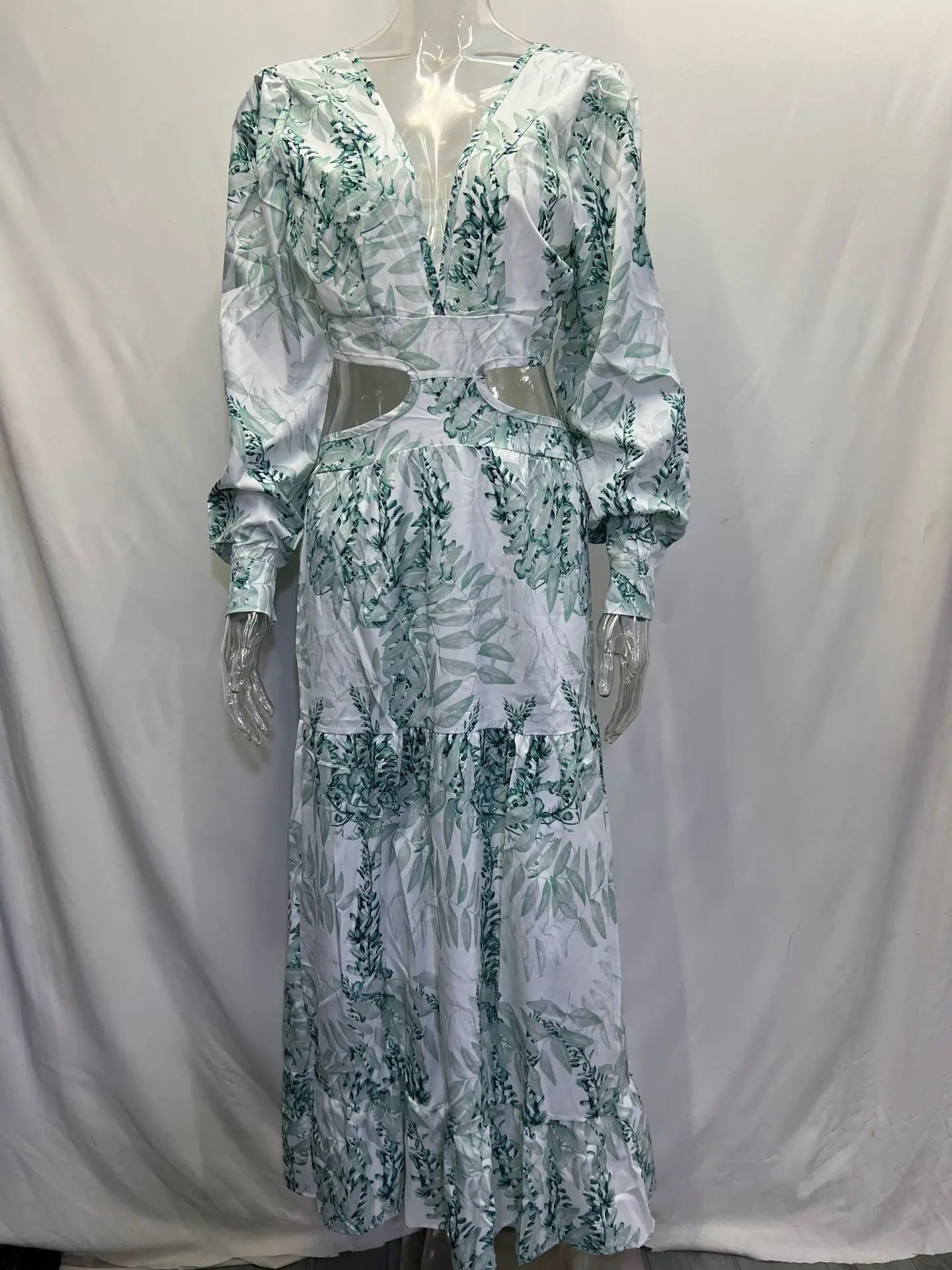 Spring New Long Dress Fashion Print Sexy Deep V-neck Long Sleeved Dress Women's Elegant Hollow Out Ruffle Spliced Maxi Dress