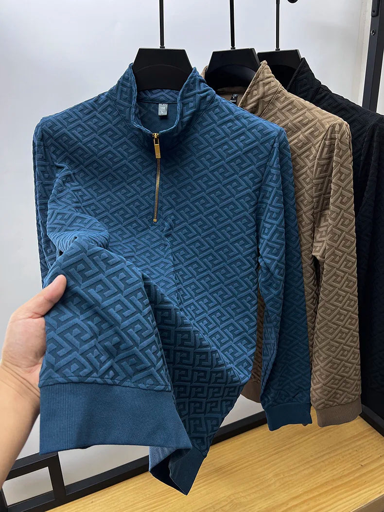 High end brand fashion jacquard retro sweater for men's 2023 spring autumn new casual trend half zipper standing collar pullover