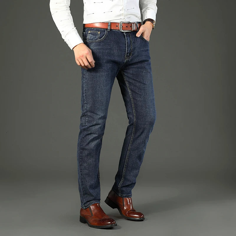 New Spring Autumn Men Classic Jeans Business Fashion Straight Regular Blue Stretch Denim Trousers Men's Smart Jeans