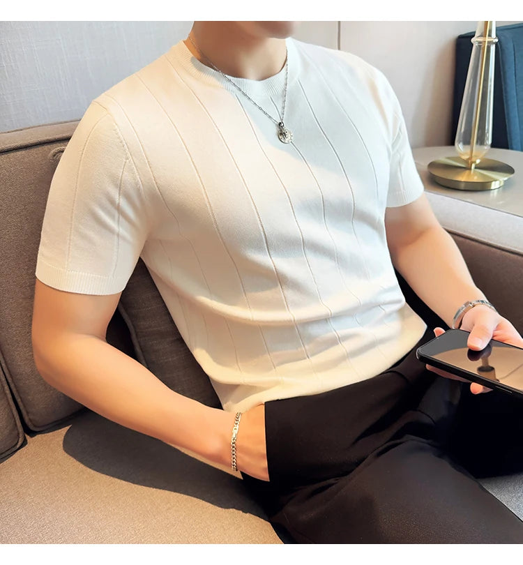 2024 New High Quality, Business Casual Men's Short-Sleeved O-neck Sweater, Daily Slim Fit T-shirt, Stretchable Striped Top M-3XL