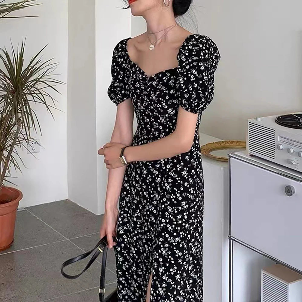 French Style Square Collar Floral Print Dress Women Puff Sleeve High Waiste A-line Ladies Sweet Daily Dating Long Vestidos