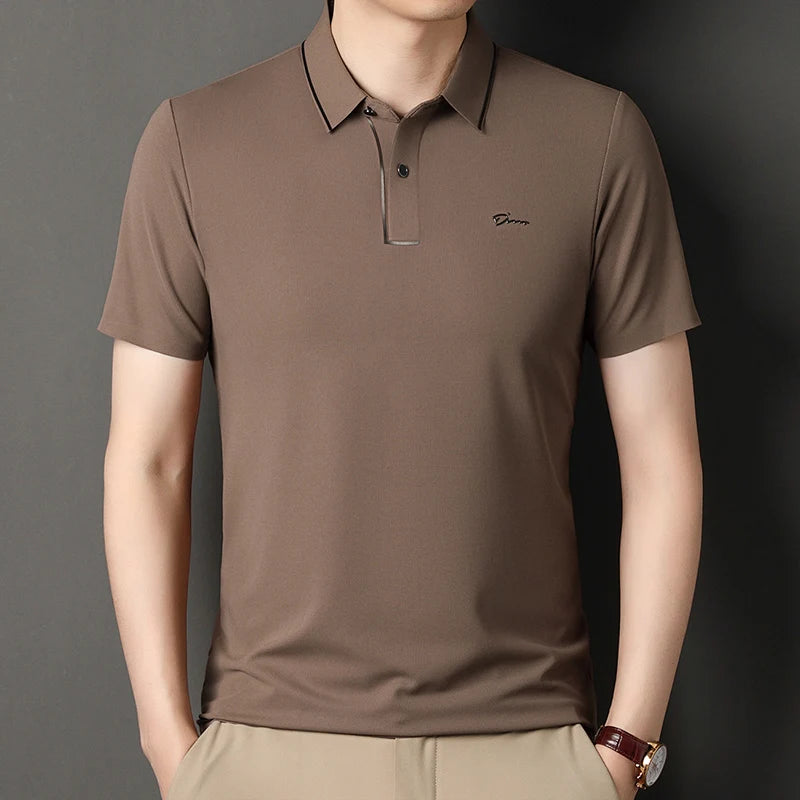 Handsome 2024 Summer Ice Silk Seamless Breathable Polo Shirt Men Short Sleeved Embroidery Casual Lapel T-shirt Men's Clothing