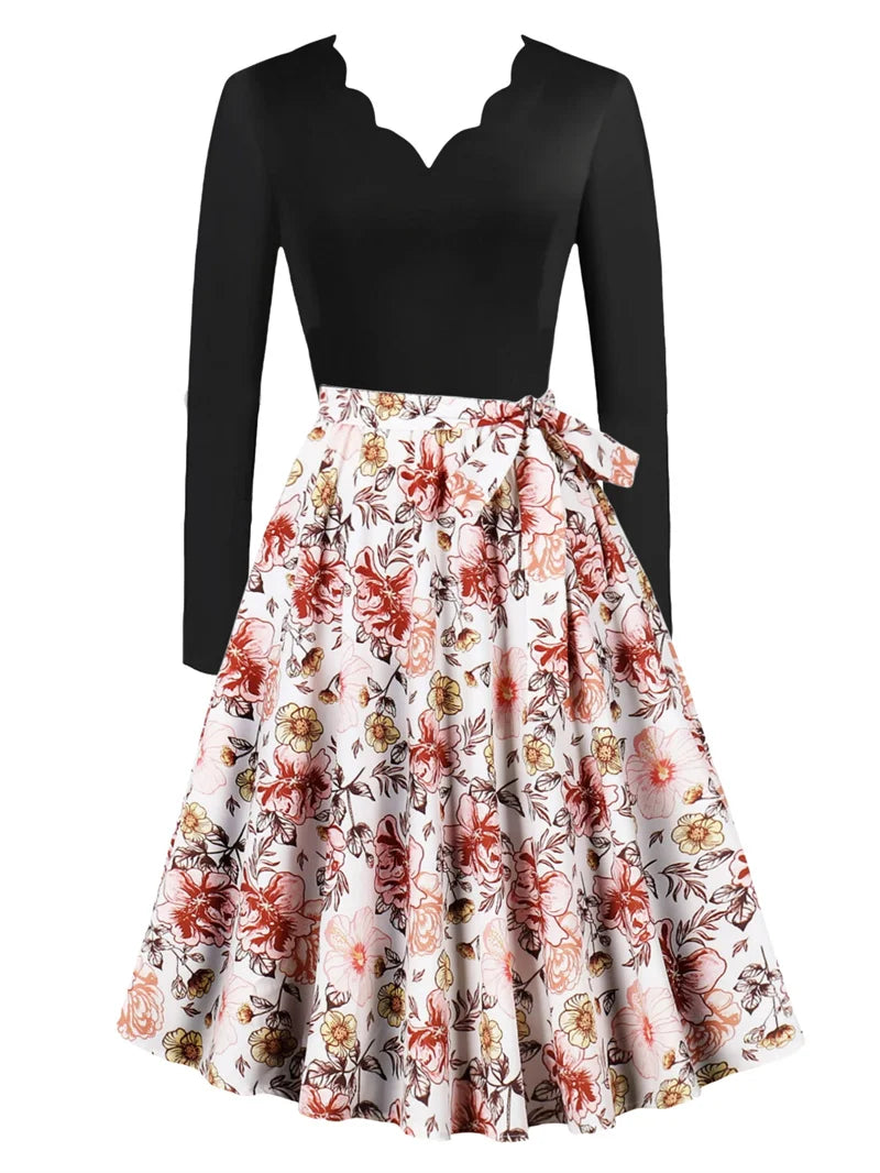 Sexy lace V-neck long sleeved pullover with slim fit floral print casual party A-line dress with belt included