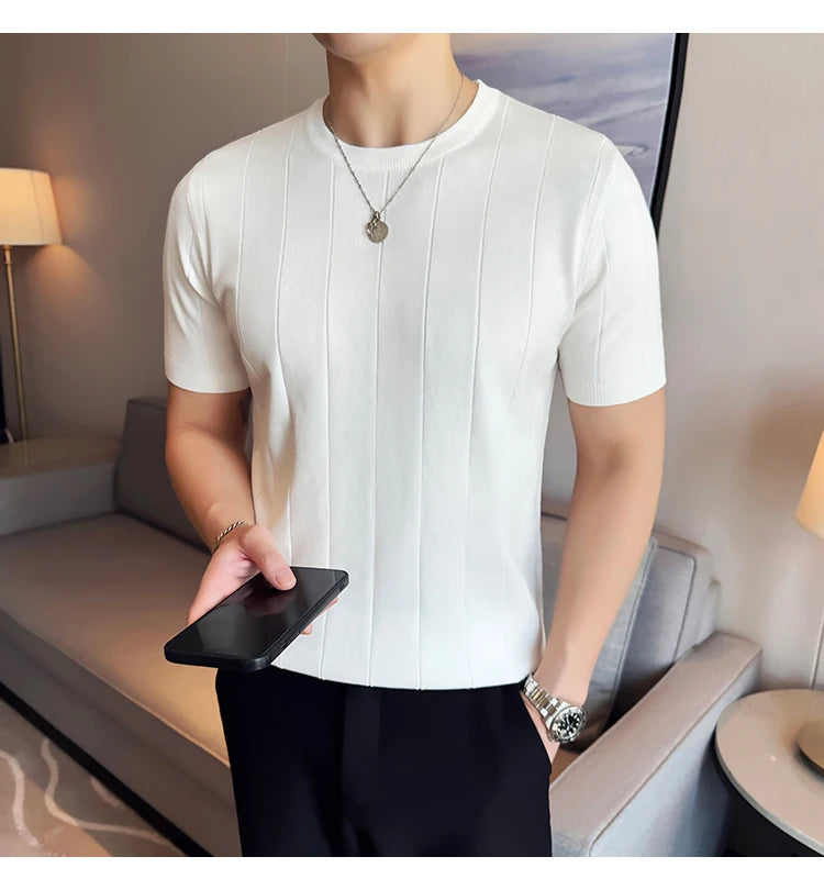 2024 New High Quality, Business Casual Men's Short-Sleeved O-neck Sweater, Daily Slim Fit T-shirt, Stretchable Striped Top M-3XL