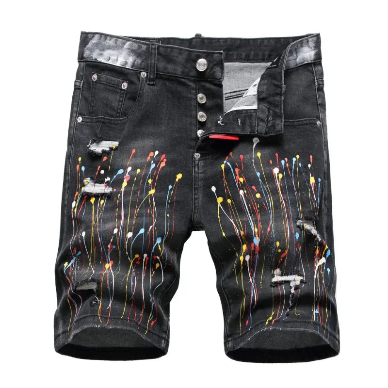 Men Black Denim Shorts New Summer Male Holes Shorts Jeans High Quality Male Stretch Fit Ripped Denim Jeans Shorts Size 44