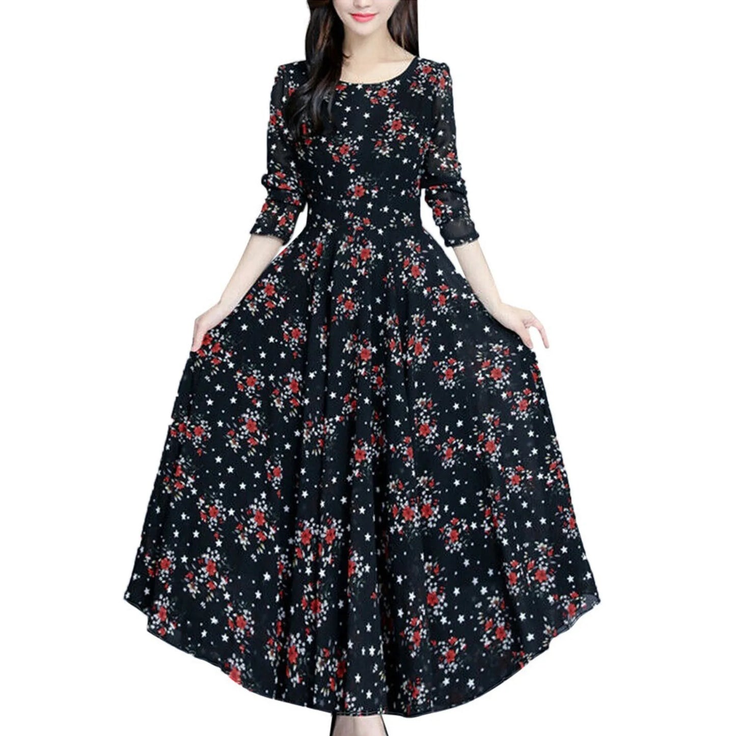 2024 Women's Casual Dress Elegant Female Loose Midi Dress Long Sleeve Floral Print Summer O Neck Dress 2024 Bohemia Clothing