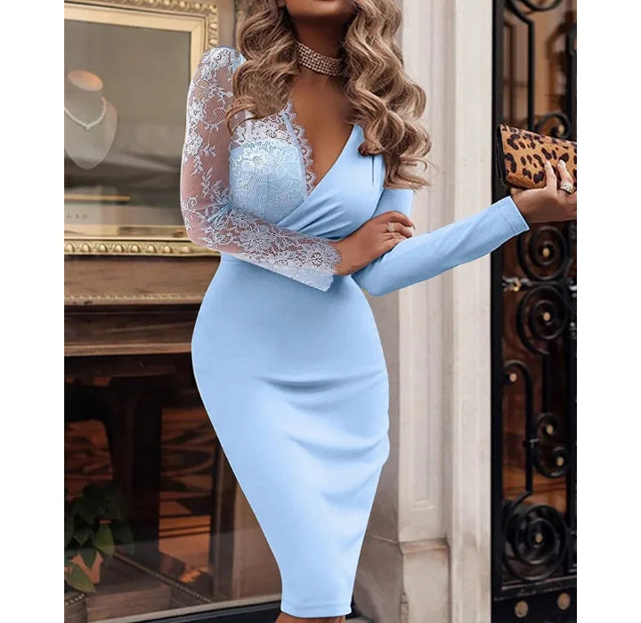 Elegant Blue Dress Woman Evening New Summer 2024 Contrast Lace V-Neck Long Sleeve Wrap Midi Y2k Dresses for Female Streetwear
