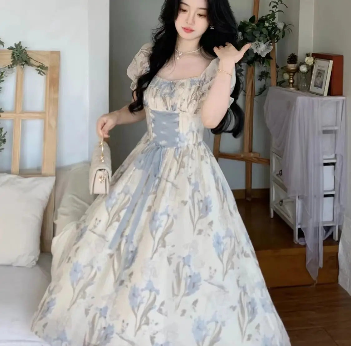 Elegant Vintage Floral Midi Dress Women Ruffles Design Casual Korean Fairy Dress Female 2024 Summer Lace-up Vacation Party Dress