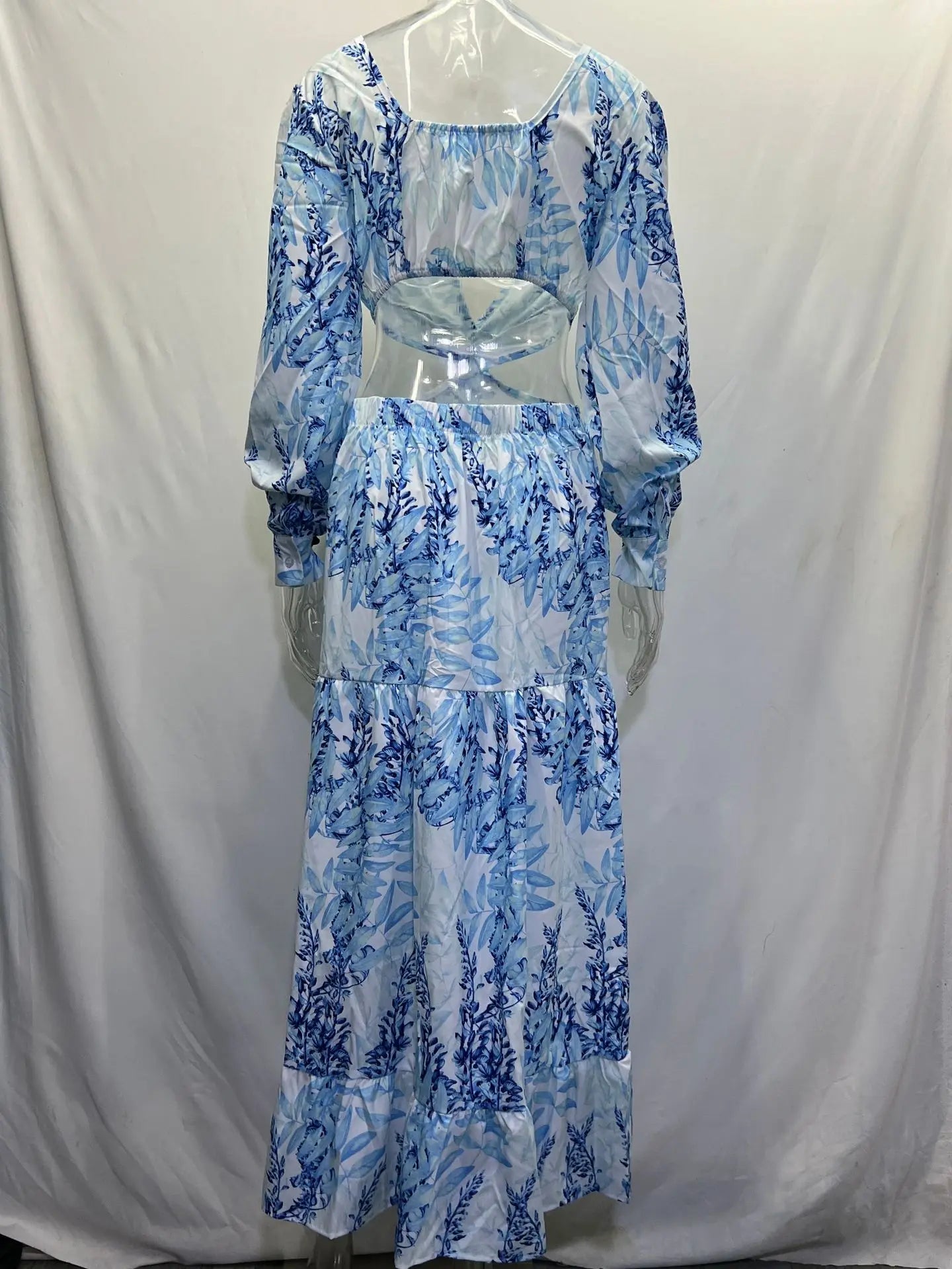 Spring New Long Dress Fashion Print Sexy Deep V-neck Long Sleeved Dress Women's Elegant Hollow Out Ruffle Spliced Maxi Dress