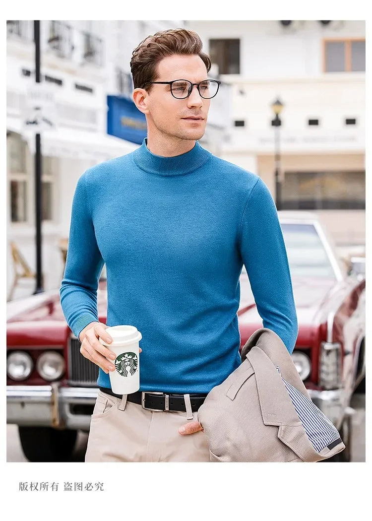 Luxury Brand Men's Mock Collar 100% Pure Woolen Sweater Tops Autumn Winter Cashmere Sweater Pullover Male Warm Knitwear Sweater