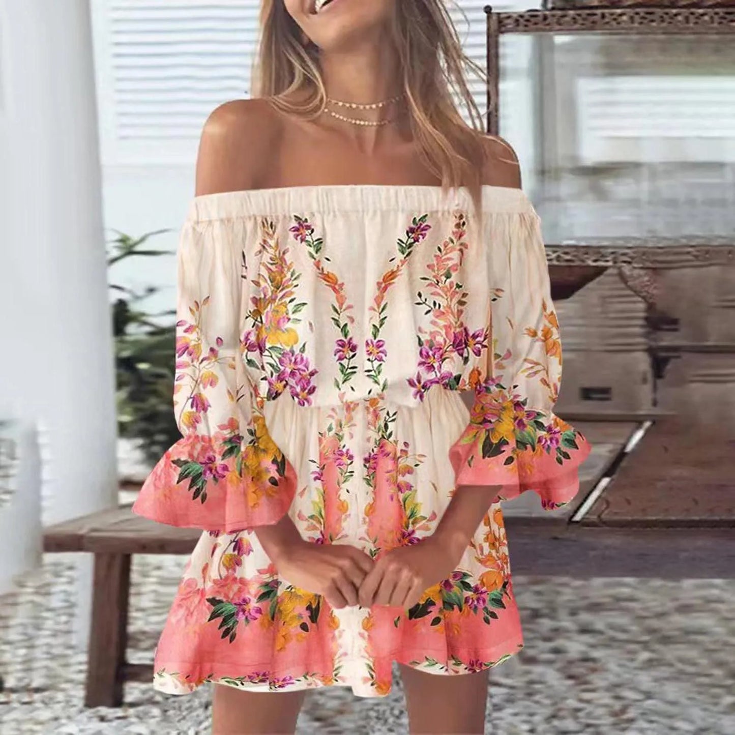 Boho Dresses for Women 2023 Summer Sexy Off Shoulder Floral Print Flare Sleeve Tunic Dress Women Casual Mini Sundress Vestido