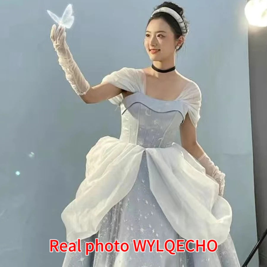 Blue Prom Dress Engagement Jacquard Dress France Vintage Sweet Korean Princess Fairy Dress Evening Party Dress