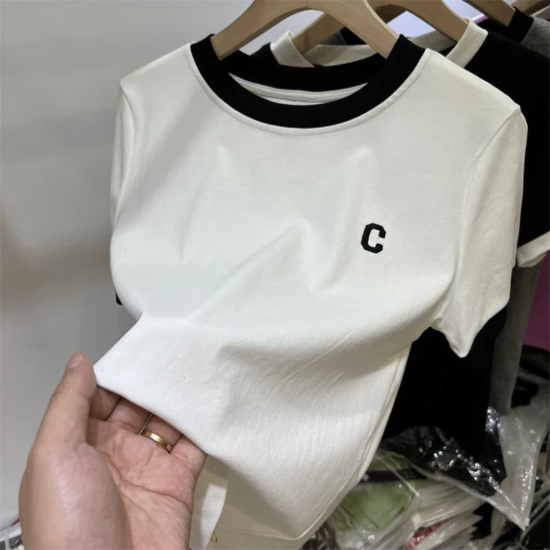 Large size women's cotton short sleeve T-shirt fat MM 2023 summer new color-block letter embroidery simple versatile top
