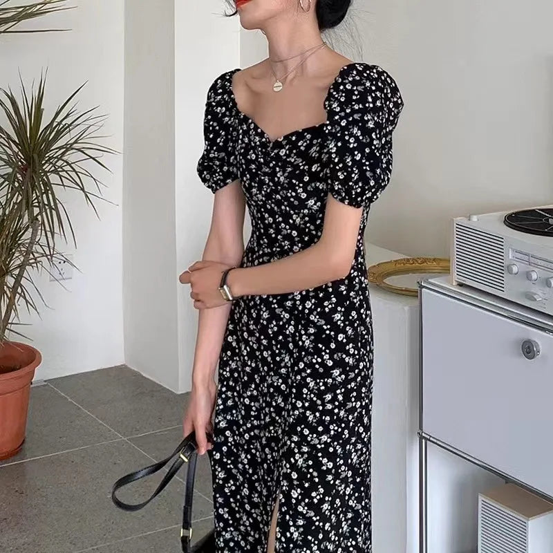 French Style Square Collar Floral Print Dress Women Puff Sleeve High Waiste A-line Ladies Sweet Daily Dating Long Vestidos