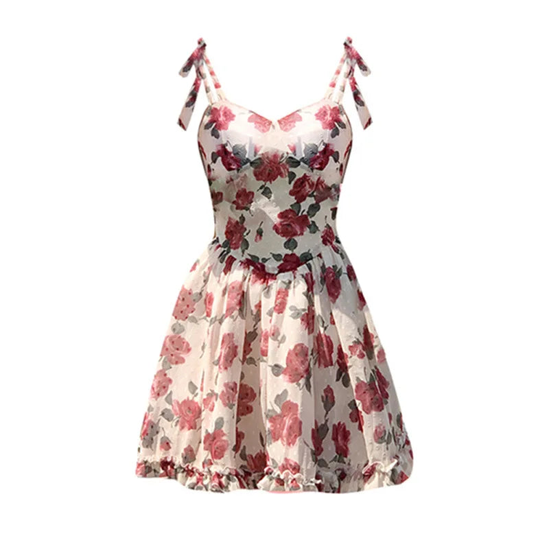 Summer New French Vintage Floral Halter Dress V-neck Sleeveless A-line Cute Short Dress Birthday Party Dress Camisole Dresses