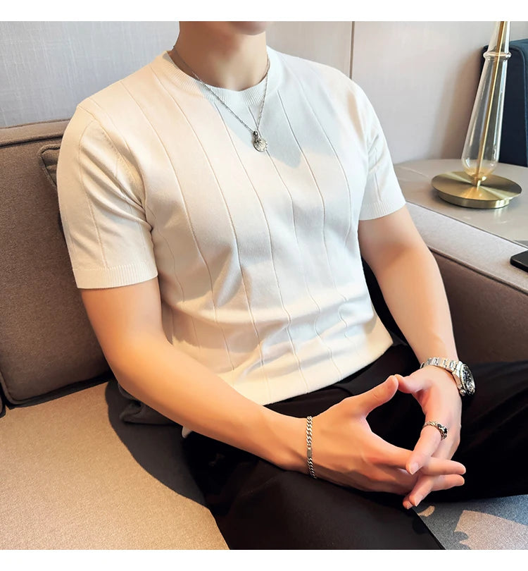 2024 New High Quality, Business Casual Men's Short-Sleeved O-neck Sweater, Daily Slim Fit T-shirt, Stretchable Striped Top M-3XL
