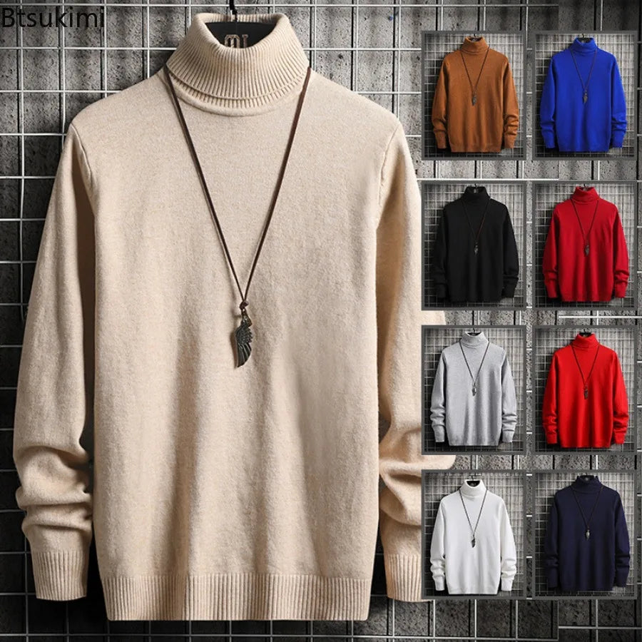 2024 Turtleneck Sweaters Men's Solid Pullovers Knitted Sweater High Collar Knitwear Pullovers Autumn Winter Warm Sweater for Men