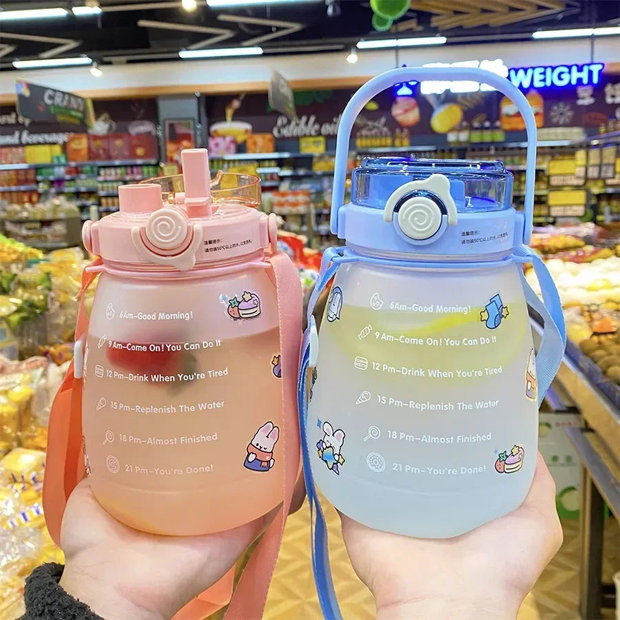 1/4PCS Large Capacity Frosted Mug Travel Portable Sports Bottle Plastic Cup Handheld Shoulder Strap Water Bottle Straw Mug