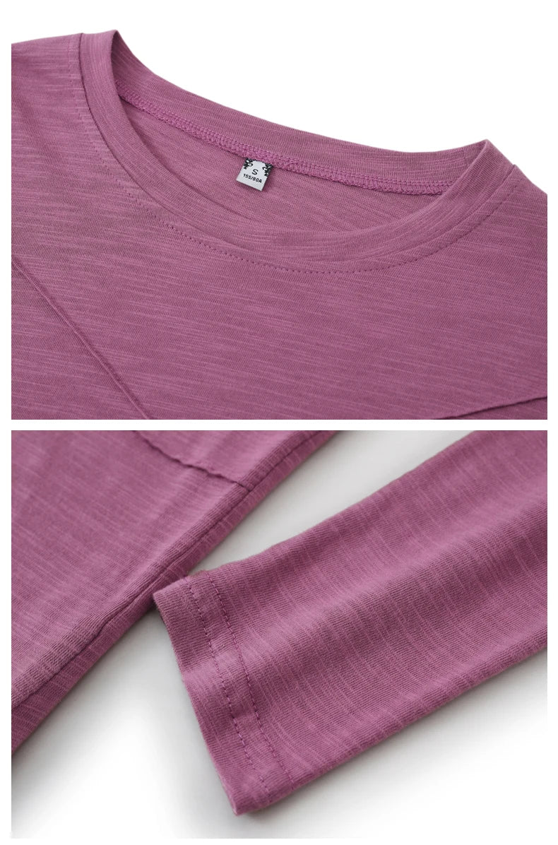 AOSSVIAO 2024 Autumn Long Sleeve Women O-Neck Bamboo Cotton T-Shirt Elegant Loose Ribbed Fashion Tee Shirt Ladies Simple Tops