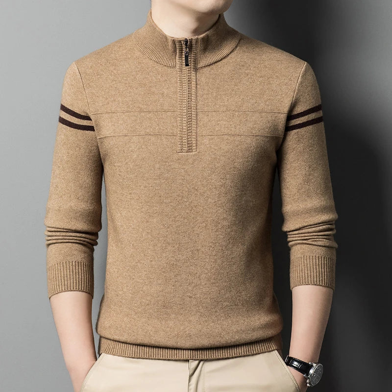 Men's autumn and winter high collar half zipper 100% wool sweater 2024 thick long sleeve warm pullover business casual knitted s